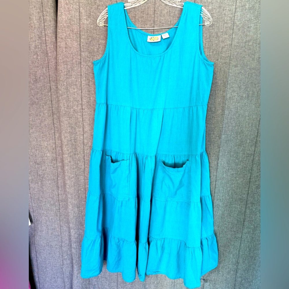 Collections Etc. Tank Dress Midi Layered Pockets Linen Festival Vibe Sundress Lg